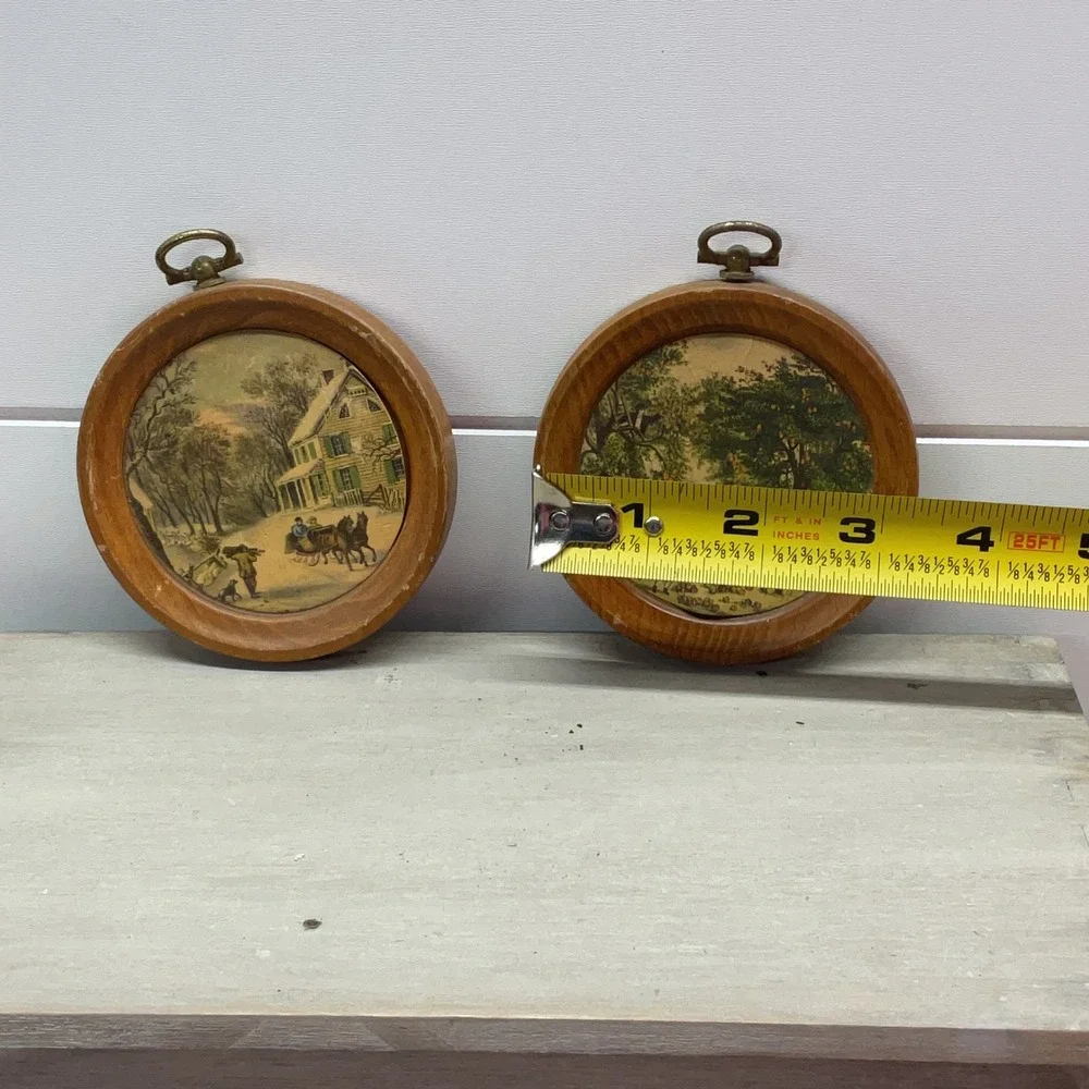 Vintage Currier and Ives Style Miniature Round Wood Wall Plaques Set of 2 4in